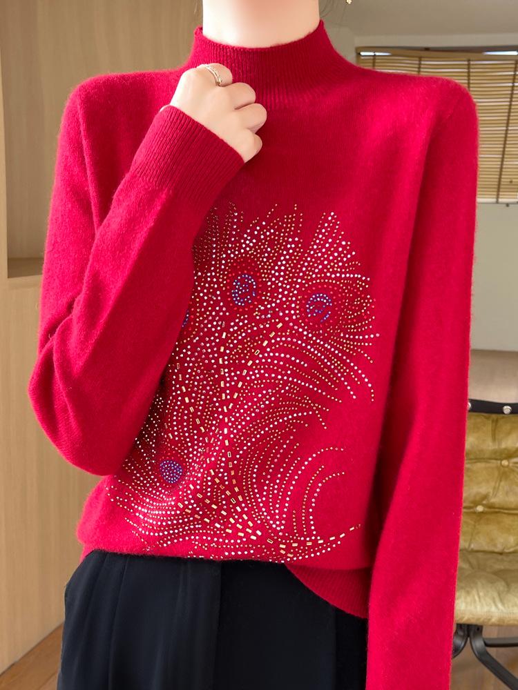 Peacock Tail Rhinestone Half-High Neck Knitwear for Women, Versatile Slim-Fit Autumn/Winter Sweater Top