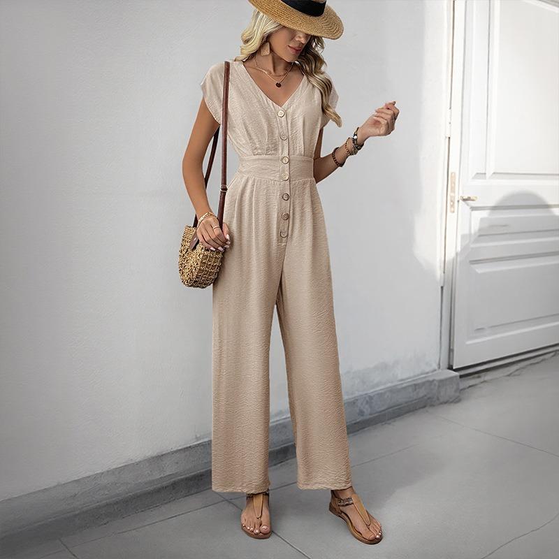 Damen Jumpsuit für Freizeit und Urlaub, einfacher V-Ausschnitt, einfarbig, elastisch, hohe Taille, weites Bein