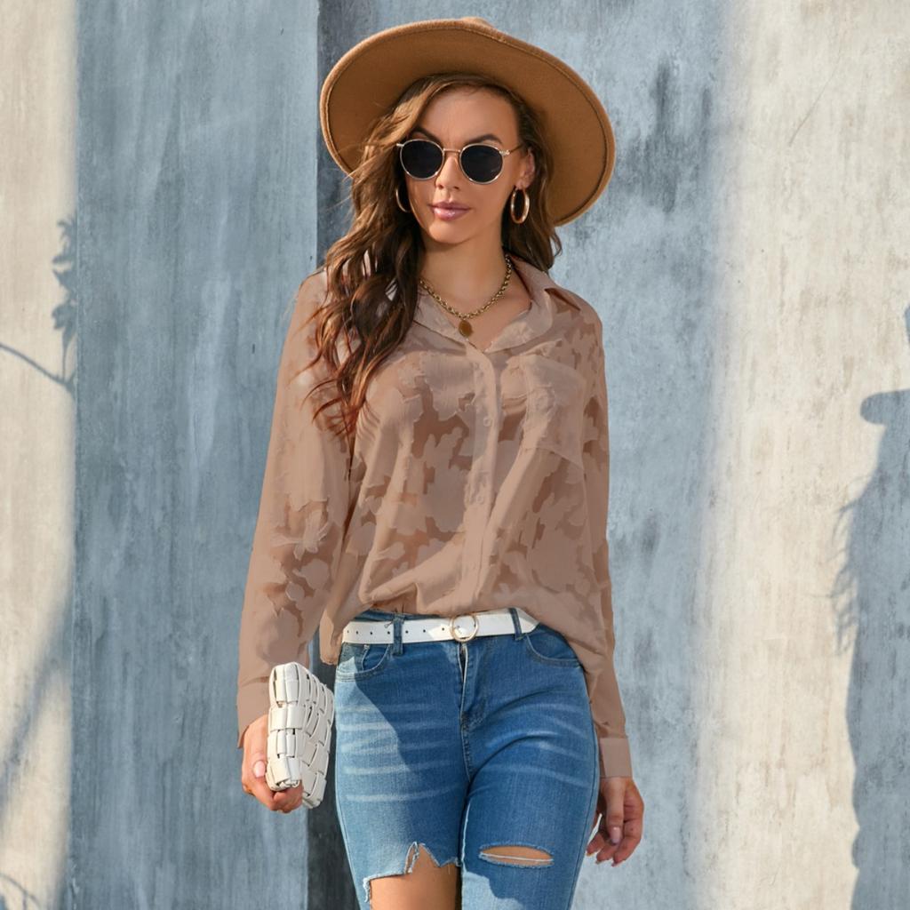 Luxurious Jacquard Sheer Blouse - Stylish Button-down with Elegant Long Sleeves - Perfect for Spring and Fall Closets!