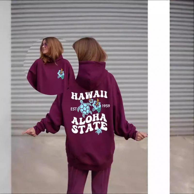 2025 Women's EU Size Ribbed Drop Shoulder Hoodie - Hawaiian Beach Print