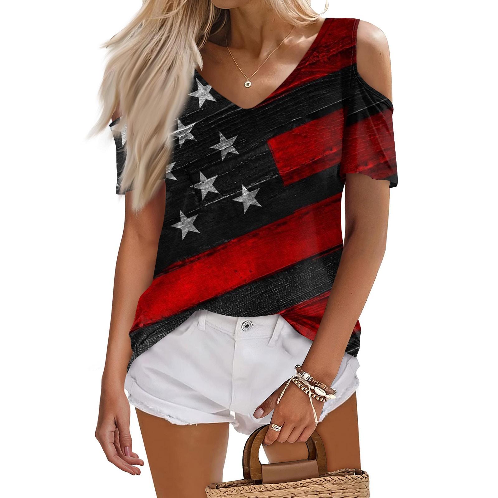 

Женская летняя модная повседневная футболка без бретелек с v-образным вырезом и короткими рукавами, посвященная Дню независимости, топ XL винный