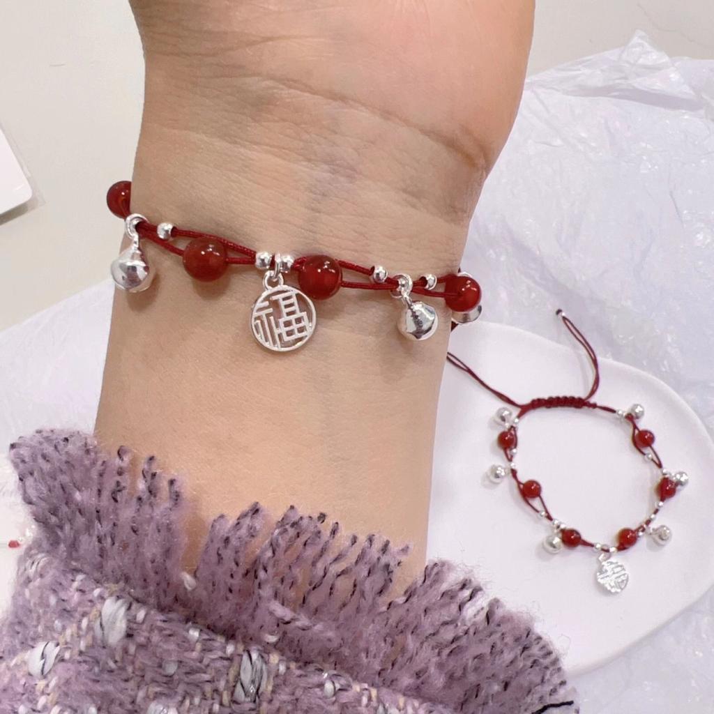 Miao Girl~Red Rope Bell Bracelet Handmade Woven Bright Playful Girl Heart Hand Accessory Exquisite Bowknot
