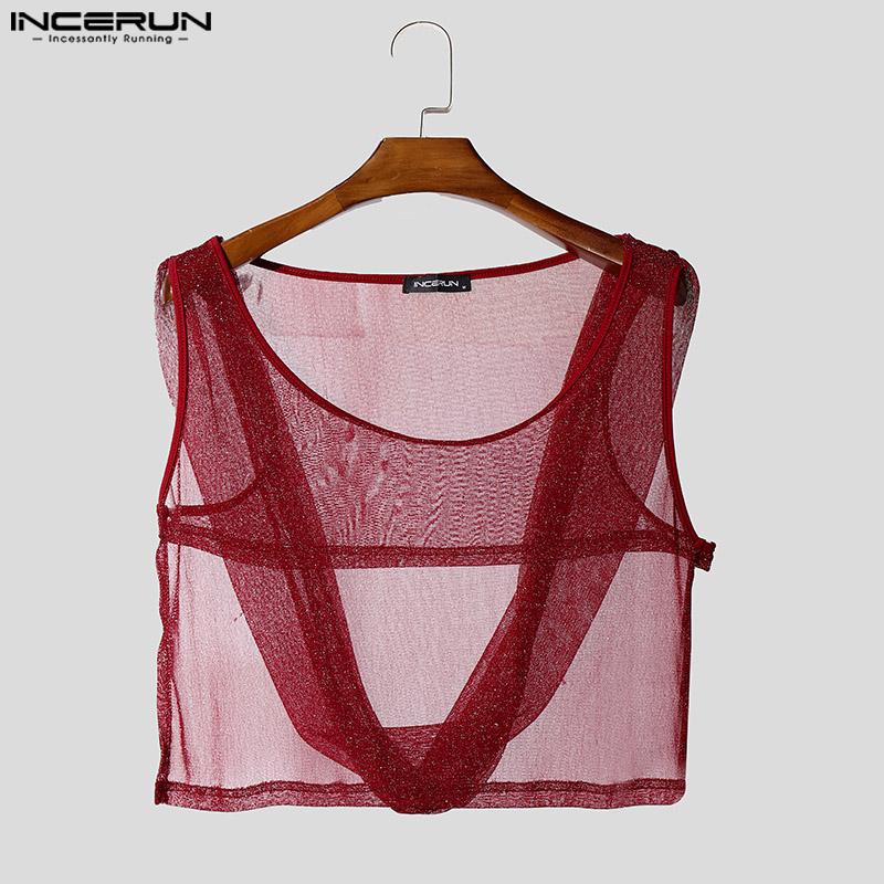 INCERUN Men Sleeveless Glitter Mesh See Through Cropped Hooded Tank Tops Partywear
