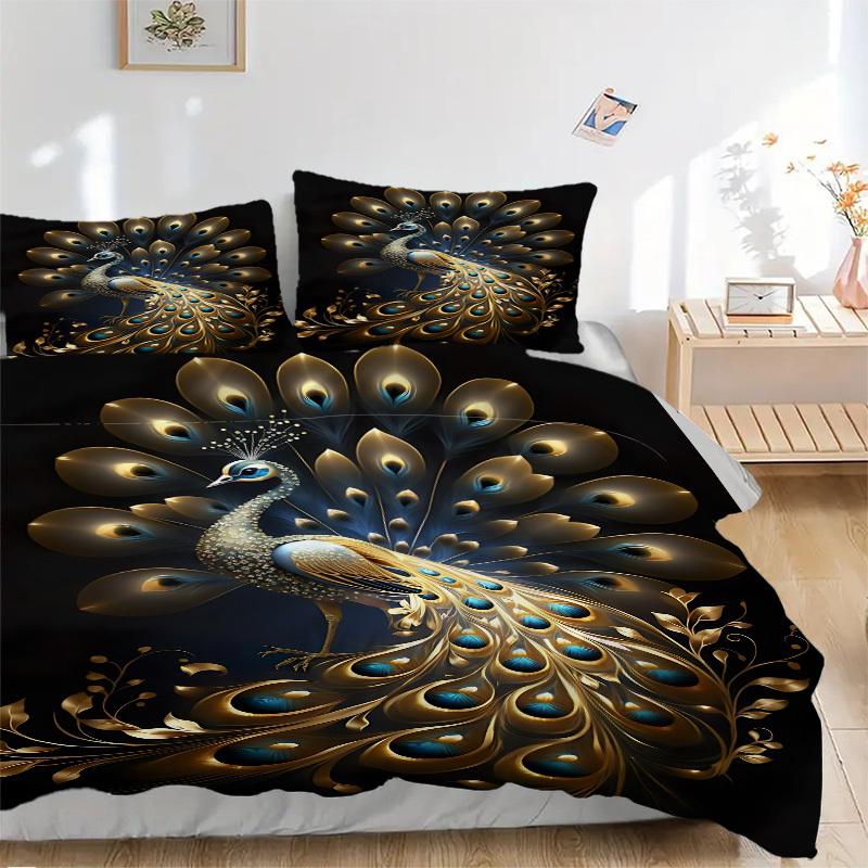 

3pcs Golden Peacock Feather Duvet Cover Set - Machine Washable, Includes 1 Cover and 2 Pillowcases, No Core Included yy251013029 135x200cm