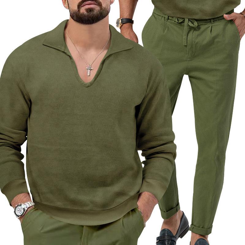 Autumn/Winter New Arrival: Men's Waffle Weave Casual Long-Sleeved Top and Trousers Two-Piece Set