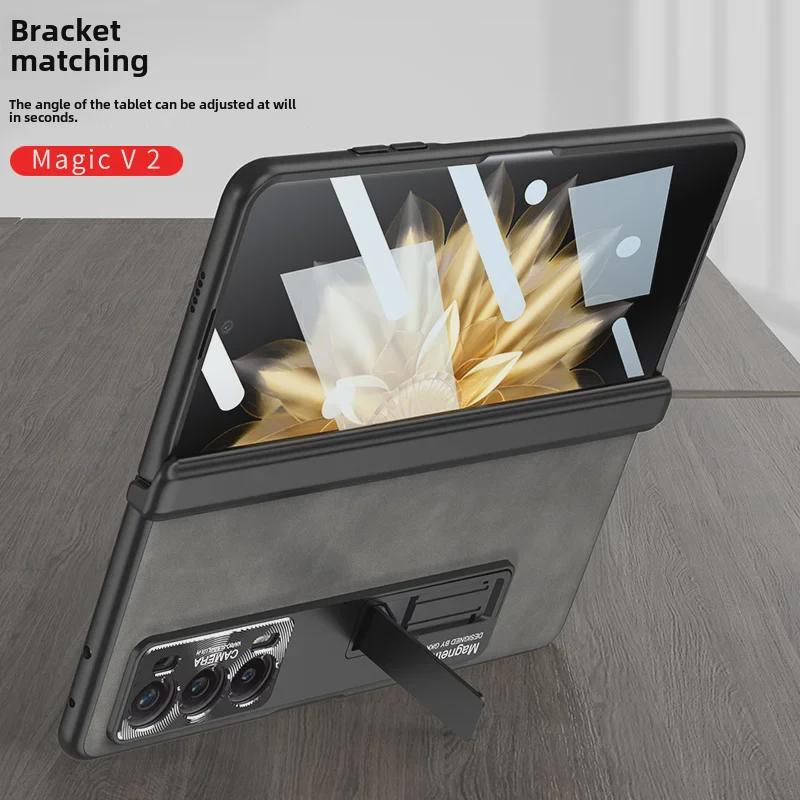 Honor Magic V2 Folding Screen Magnetic Leather Case with Hinge Protection - Anti-Fall, Full Shell, Fashion Design