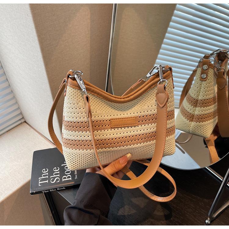 Striped Knitted Woven Bag Women's Summer New Fashion Niche Messenger Seaside Vacation Beach Bag