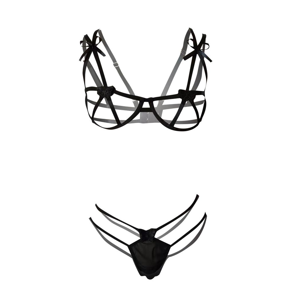 Advanced Sexy Women's Bra Strap Fun Underwear Butterfly Embroidery Mesh Two Piece Set