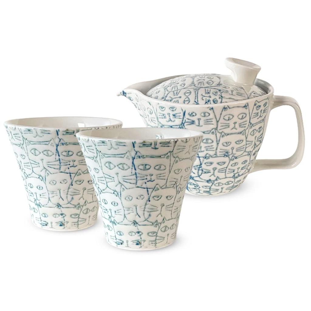 240ml Teapot Pair of Teacups Hasami Made In Tea Strainer Cat Light Blue J-kitchens & Set, Ware, Japan, 1-2 Person, Included, Water-Repellent Design,