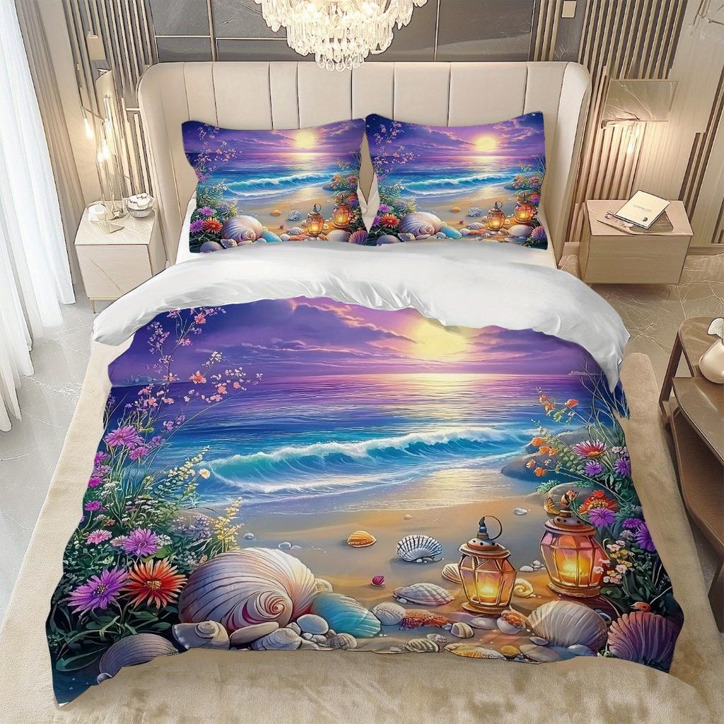 3pcs Purple Sky Seaside Beach Shell 3D Print Bedding Set Cozy Duvet Cover King Queen Twin Size Birthday Gift Bedroom Decoration