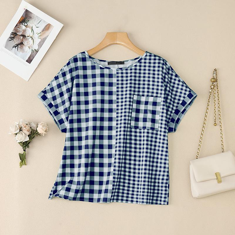 ZANZEA Women Casual Round Neck Plaid Print Summer Short Sleeve Blouse