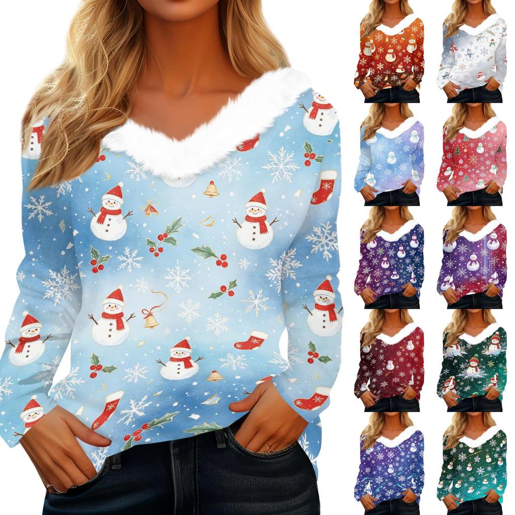 Women's Casual Christmas Print V-Neck Top with Plush Collar and Long Sleeves