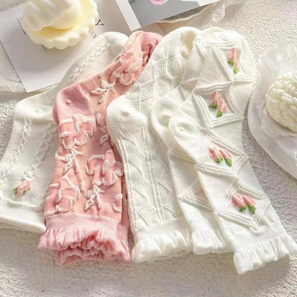 5 Paar Niedliche Spitze Mittelhohe Socken Harajuku Stil Damen Socken Set Weiche Baumwollsocken Herbst Winter