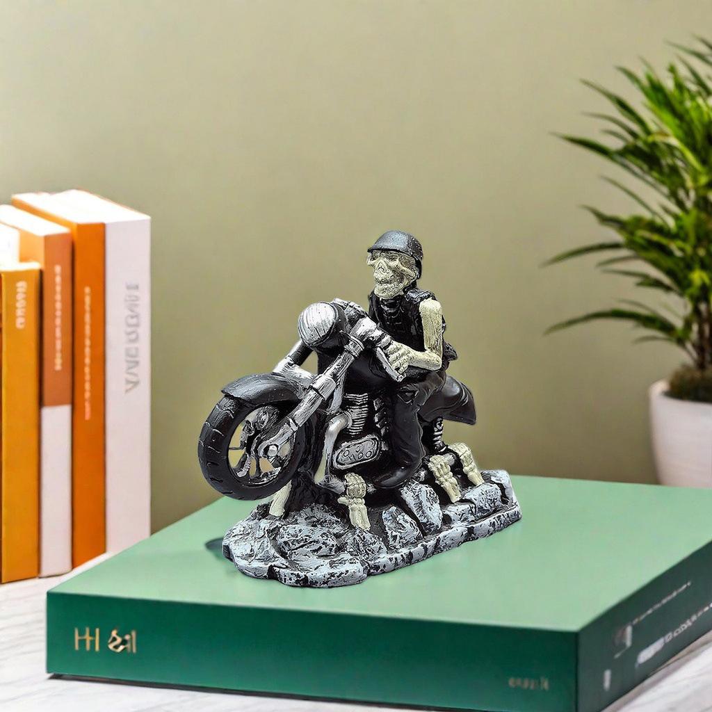 Creative Skeleton Figurine Halloween Party Skull Desktop Ornament Decorative Craftwork Motorcycle Rider Design for Home Office Display