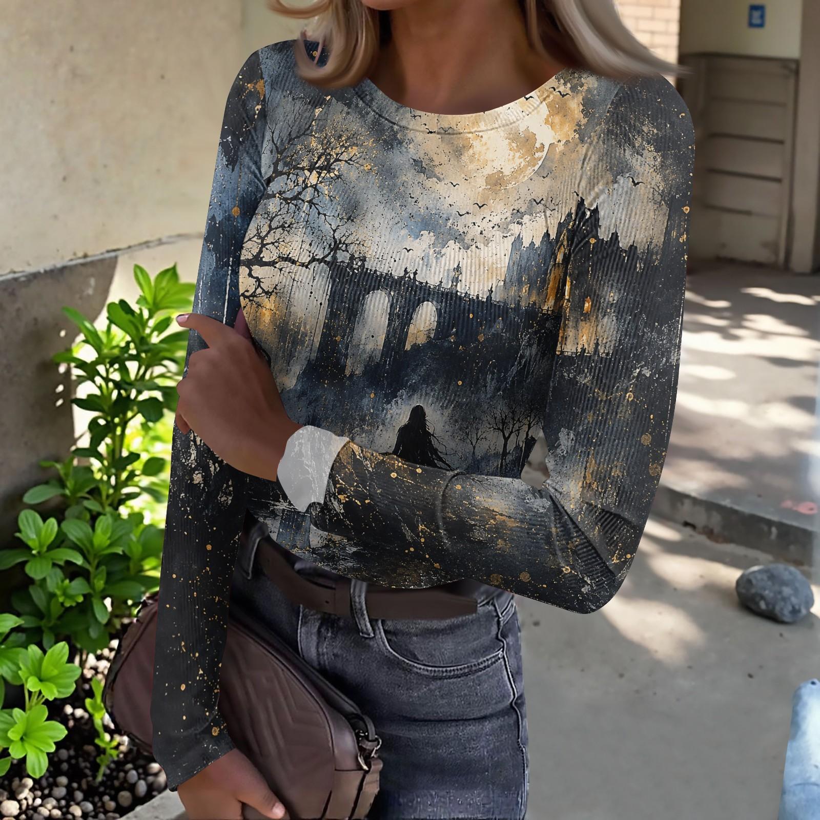 Women s Halloween Print Long Sleeve Neck Slim Fit T-Shirt S