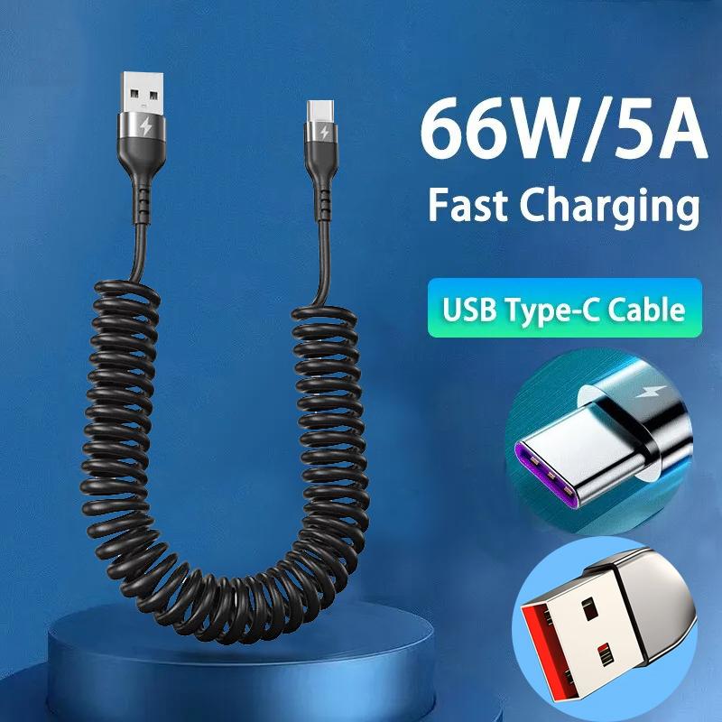 Car USB Type C/Type C to Type C/USB LIGHTNING Fast Charging Spring Telescopic Cable For iPhone 16 15 14 Samsung Xiaomi OnePlus