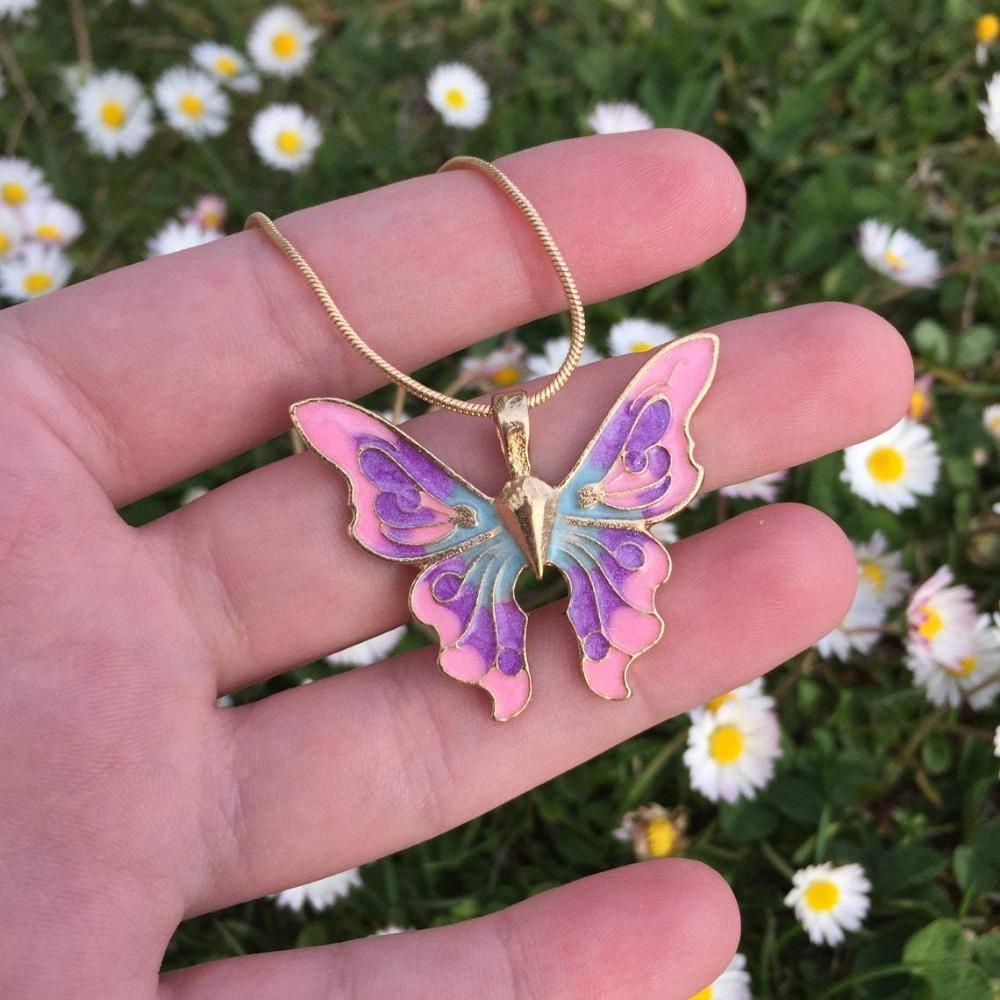 New Fashion Romance Rainbow Fairy Pink Purple Large Butterfly Pendant Snake Bone Chain Necklace for Women Princess Jewelry Gifts