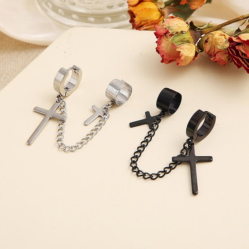 1Pcs Fashion Punk Cross Pendant Clip Earring for Teens Women Men Ear Cuffs Earring Jewelry Retro Metal Chain Tassel Earings