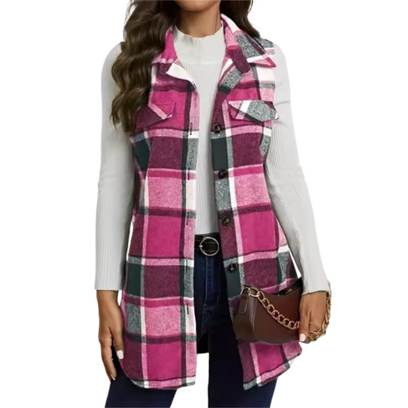 Women Plus Size Plaid Print Flap Detail Sleeveless Coat Ladies Fashion Sleeveless Thick Thermal Vest Women Outwear