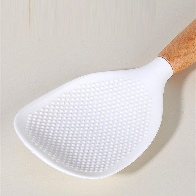 Silicone Rice Spoon Paddle with Wooden Handle Nonstick Heat Resistant Anti-scalding Rice Scooper Hanging Rice Cooker Spatula