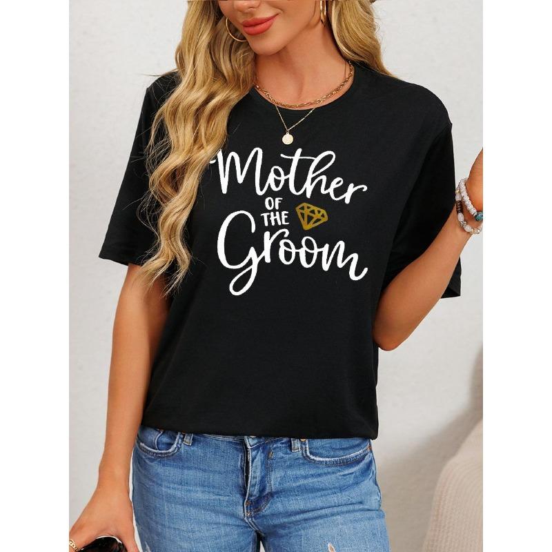 Women'S "Mother of The Groom" Graphic Tee, Casual Crew Neck T-Shirt, Short Sleeve, Regular Length, Floral Pattern, Knit Fabric, Black