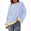 Women's Simple Home Casual Striped Pattern Round Neck Trendy Long-sleeved Pullover Color Block T-shirt