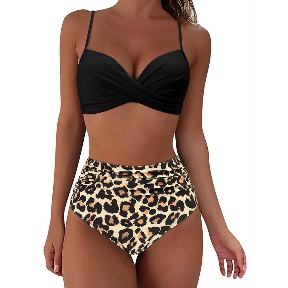 Costume da Bagno Donna Colore Unico Pieghettato Vita Alta Sexy Bikini Tankini Abbigliamento da Spiaggia