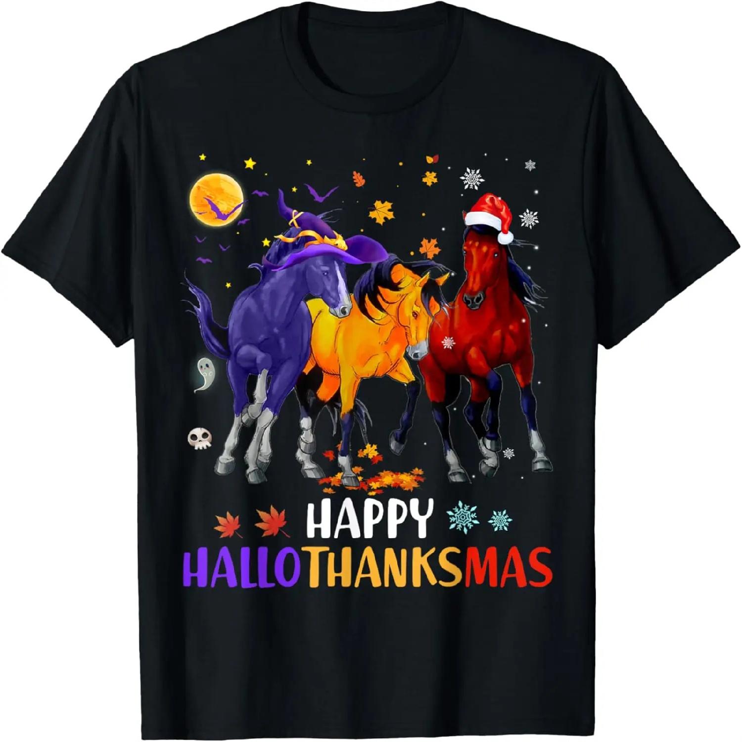 Happy Hallothanksmas Horse Halloween Thanksgiving Christmas T-Shirt XXXXXL разноцветный