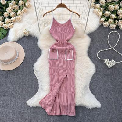 Vestido longo feminino com decote em V, fenda fina, contraste de cores, moda coreana, desejo, garota quente, estilo sling, vestido de malha, elegante, verão
