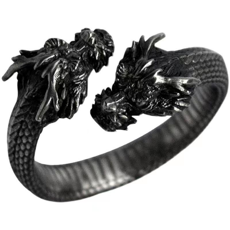 Imitation Ring Unisex Ring Niche Design High-End Double-Headed Dragon Panlong Jewelry National Trend Premium Durable