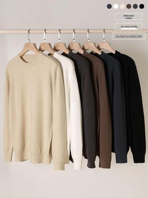 2025 Autumn/Winter Men's Long-Sleeve Solid Color Knit Pullover: Simple Style Round Neck Base Layer