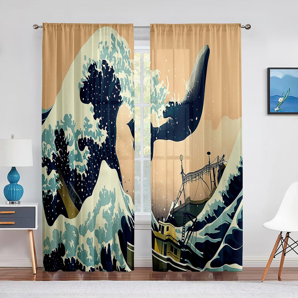 Watercolor Whale Underwater Animal Psychedelic Sheer Window Curtains for Living Room Bedroom Home Decor Chiffon Tulle Curtain