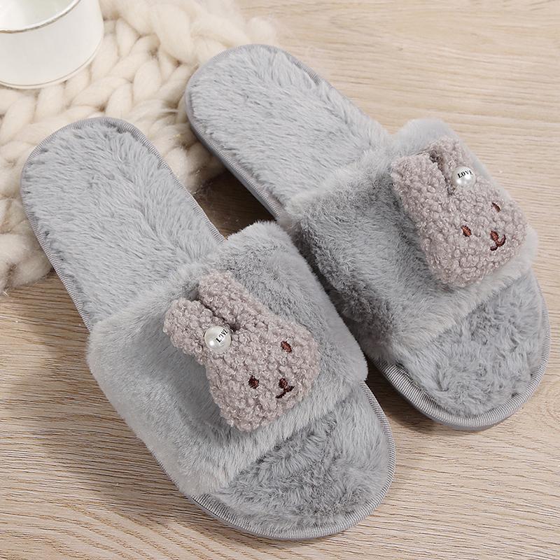 Mode Niedliche Cartoon Kaninchenfell Hausschuhe Damen Indoor Leicht Zum Hineinschlüpfen Baumwollhausschuhe für Frau Herbst Winter Kunstfell Plüsch Pantoletten Dame