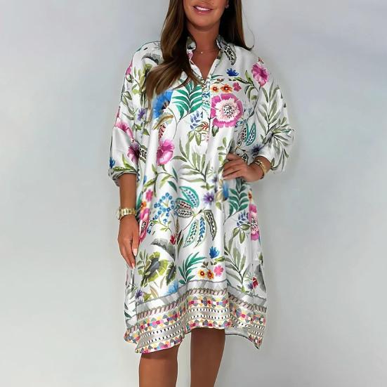 Women's Plus Size Boho Dress Floral Print Short Sleeved Button Up V Neck Dress Knee Length Summer Casual Shirt Dress