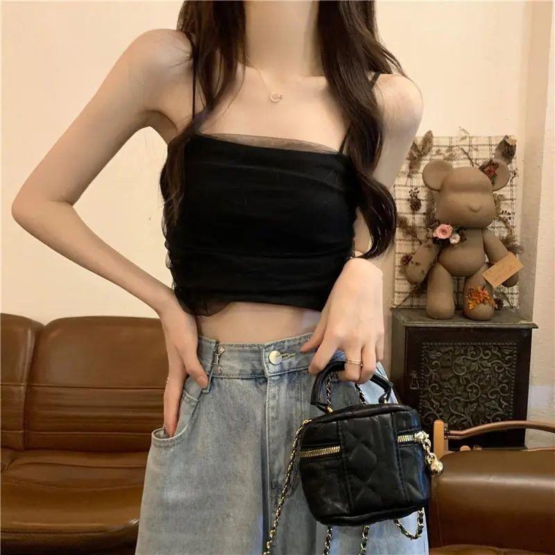 White Mesh Suspender Tank Top for Women's Summer Short Slim Fit and Strapless