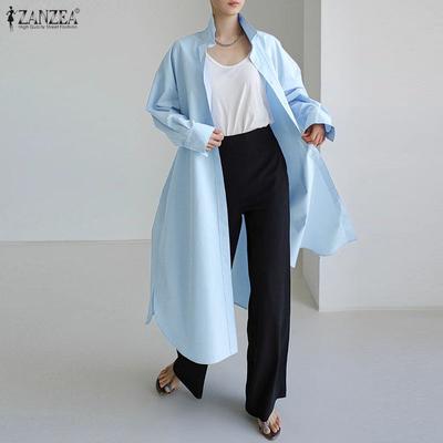 Blusa Longa Casual Solta de Manga Comprida com Gola Reversível para Mulheres
