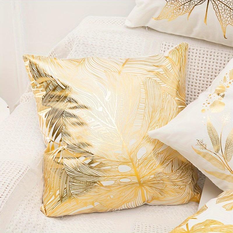 1pc, Short Plush Golden Plated Tropical Leaves Cushion Case For Sofa Bed Garden  Car,Cozy Modern Home Decor Pillowcase ,18x18In,No Pillow Insert
