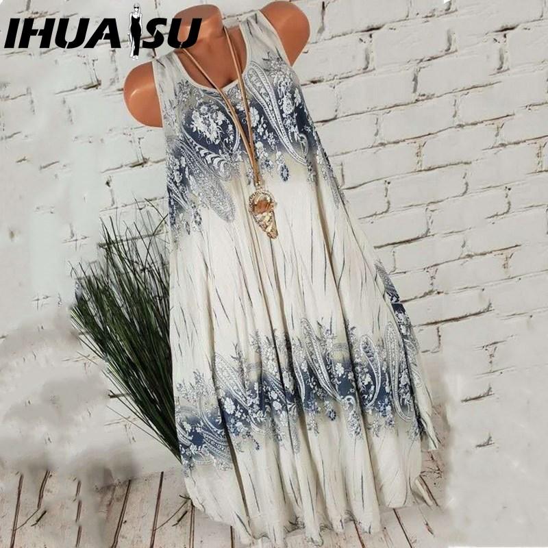 IHUASU Women Summer Sleeveless Floral Print Round Neck Dress