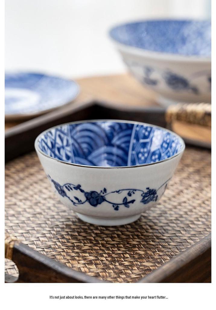 Retro Blue & White Japanese-Style Porcelain Rice Bowl & Ceramic Plate Set