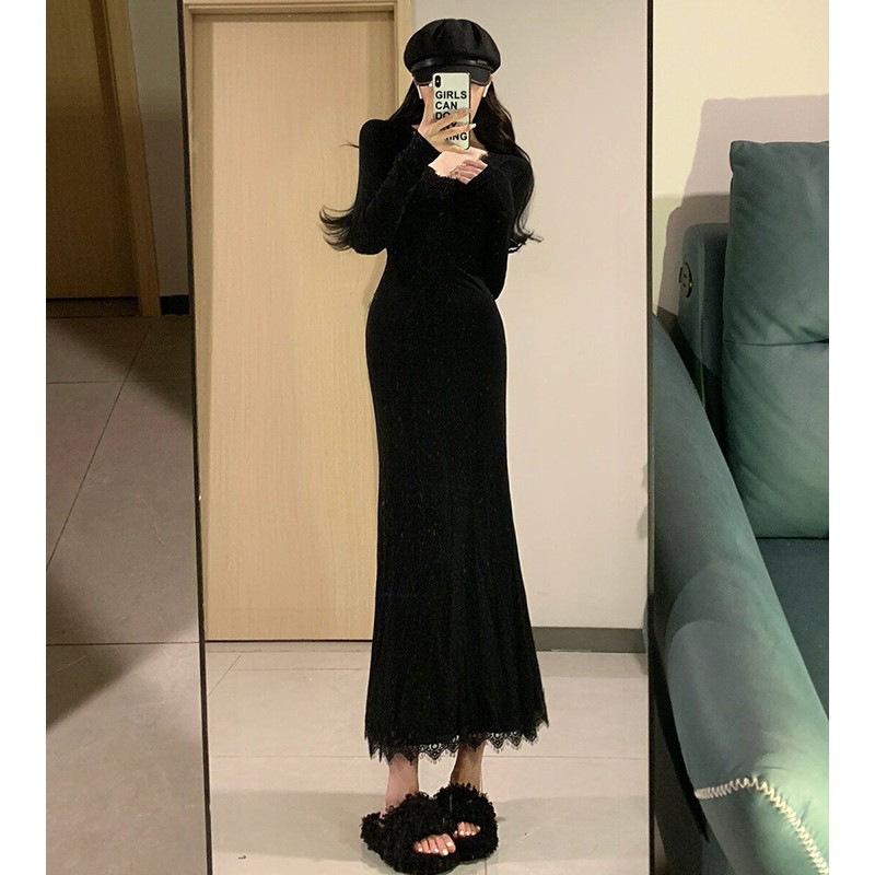 Black Lace V-neck Knitted Fishtail Dress Women's Winter Robe with Bottom and Hip Long Skirt
