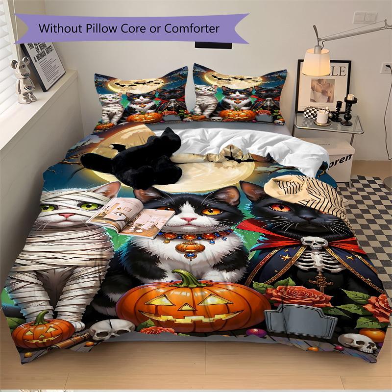 3pcs Halloween Cats Duvet Cover Set, Cover For Bedroom Guest Room (1 Duvet Cover + 2 Pillowcase, Without Quilt),  yy250922130