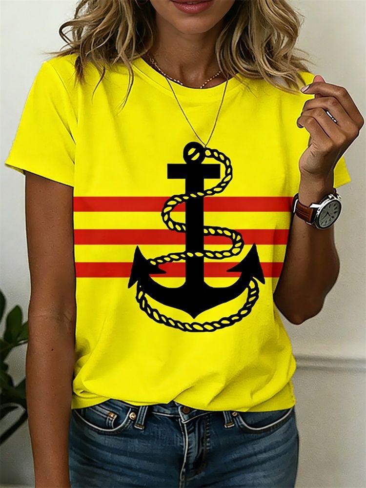 Summer Anchor Stripe 3D Print T-Shirts Women Casual Short Sleeve Round Neck T Shirt Harajuku Y2K Tees Top Female Street Clothing