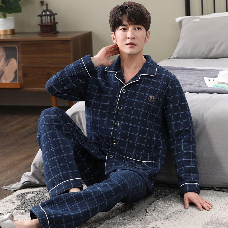 

Мужская экстра-толстая хлопковая пижама с длинным рукавом - Стеганая, Большого размера, Можно носить на улице, Осенне-зимний стиль. Men XL 65-75 kg