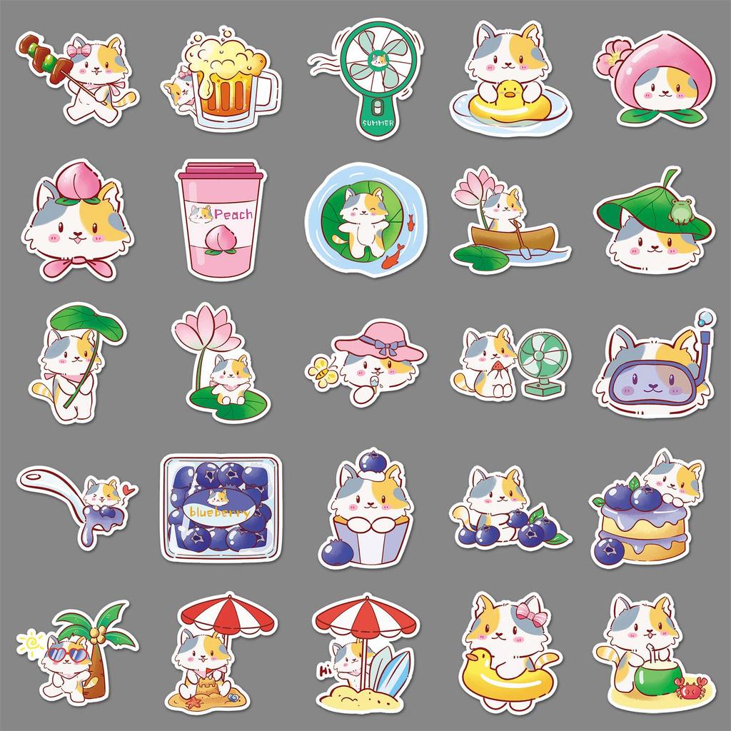 Summer Kittens Stickers: 50 Cute Waterproof Cartoon Animals for Journal Decoration