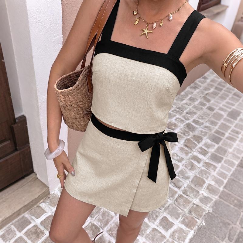 

TIFICY Women s Fashion Casual Colour Block Print Summer Spring Sleeveless Suspenders Skirt Suits S легкие хаки