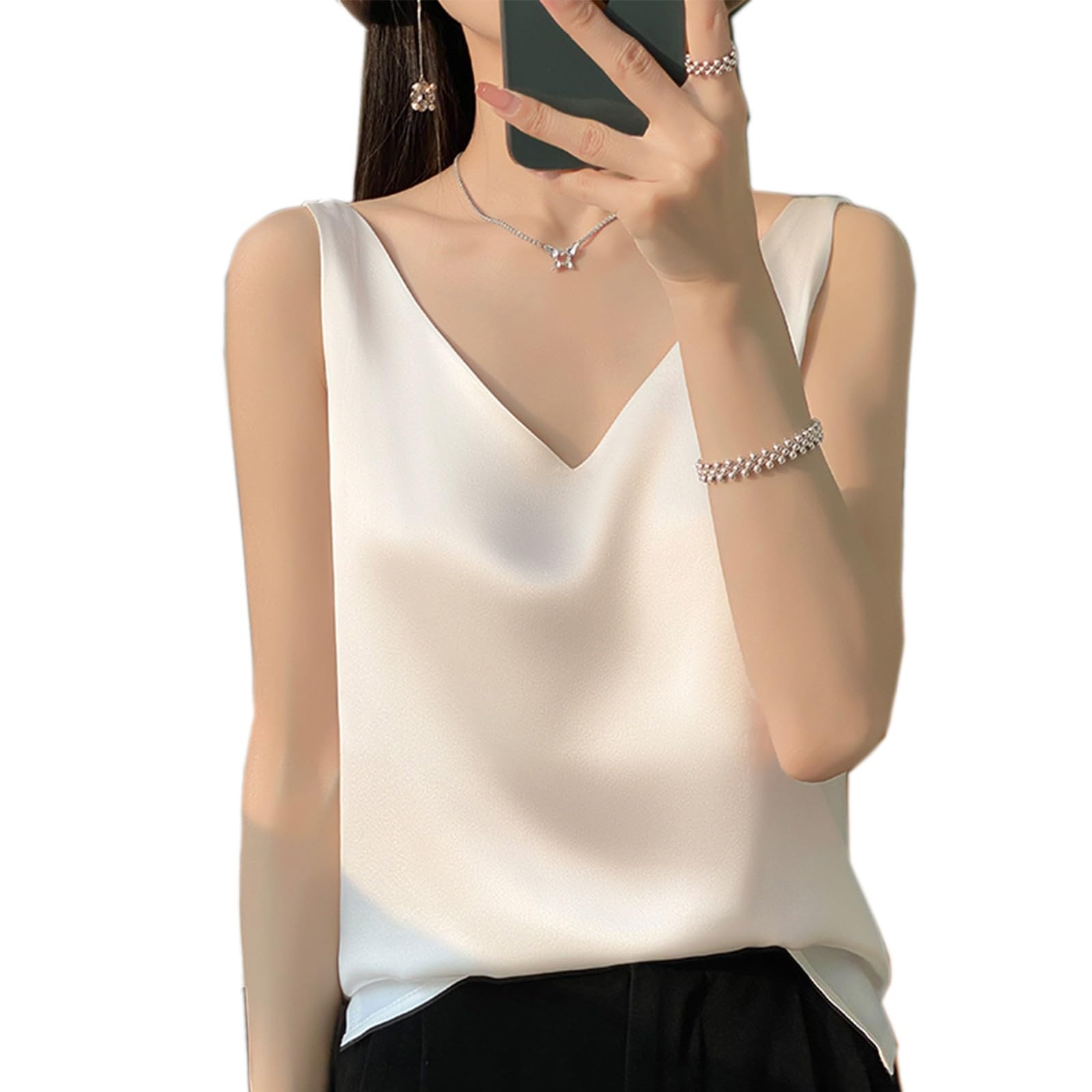 

Niliv Простая шелковая майка Шелк Однотонный Эластичный Размер Женская Майка на V-образном вырезе, Нижнее белье, Топ, Пижама, Одежда для сна, Сатин, Лето, Дышащий, Цвет, белый