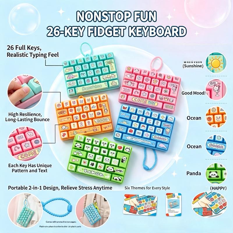 Cute 26-Key Keyboard Bubble Fidget Toy Cartoon Decompression Sensory Toy Portable Keychain Stress Relief Bag Pendant Gift