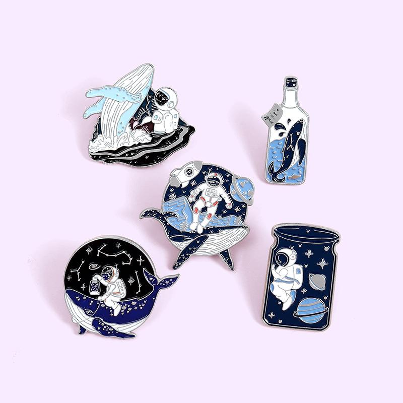 Whale Astronaut Drifting Bottle Metal Design Badges Brooch Enamel Pins Label Bag Backpack Jewelry Boy Girl Gift