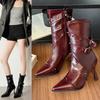 Fall Winter Women Pointed Toe Stiletto Heel Rivet Belt Buckle Side Zipper Non-Slip High Heels 2026 New Booties