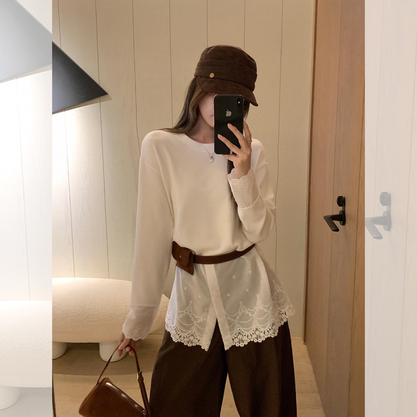 Women s 2025 White Lace Trim, Long Sleeve Side Slit T-shirt for Autumn Small белый
